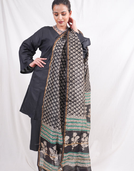 Black Chanderi Handblock Dupatta