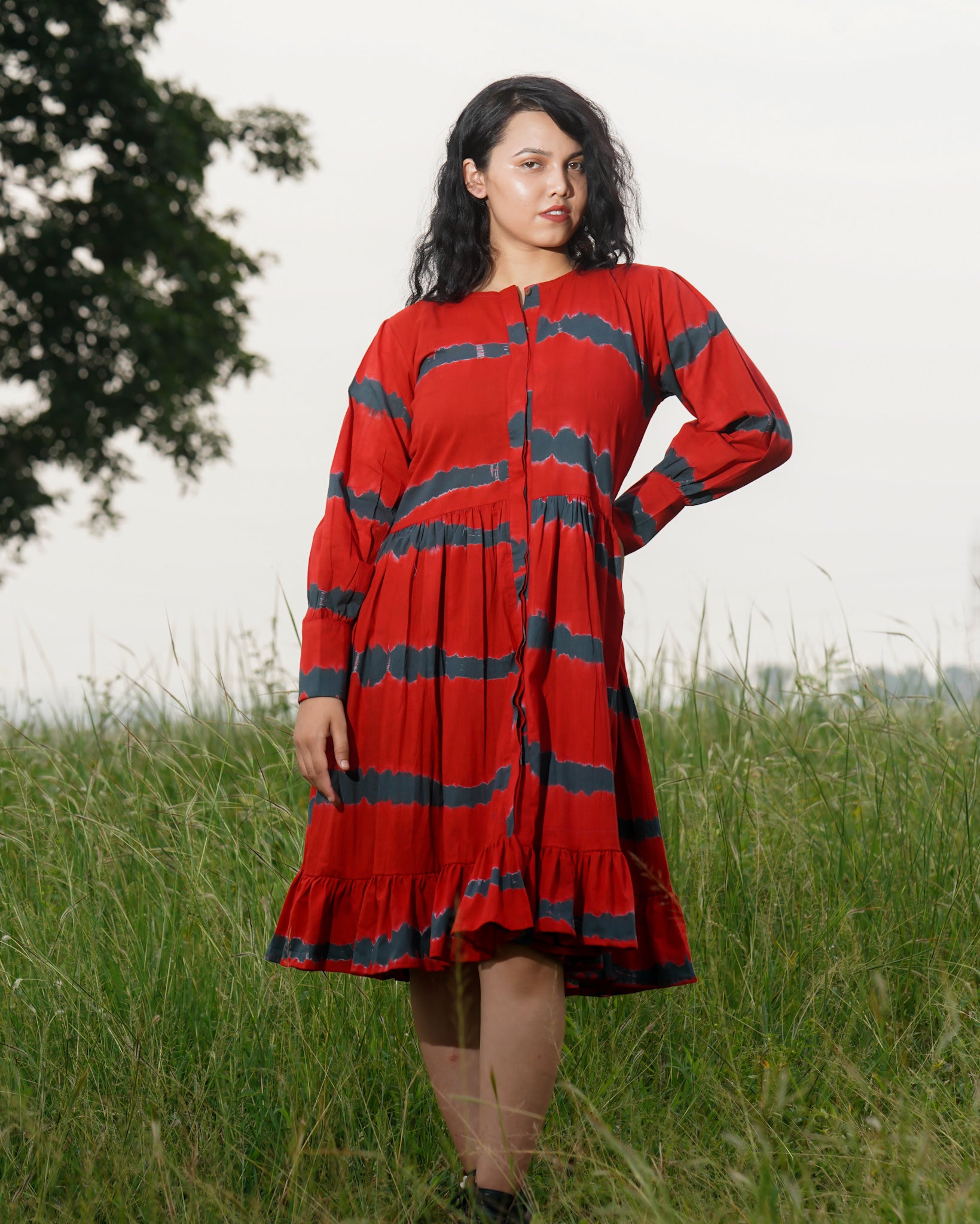 Red Tie-dye midlength Cotton Dress