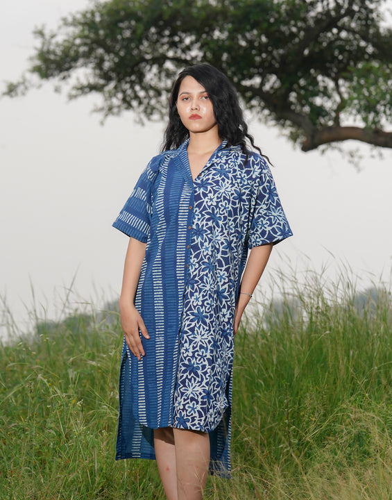 Indigo Handblock Loose Fit Shirt Dress