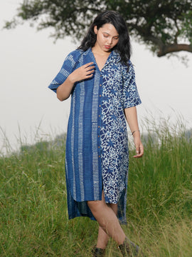 Indigo Handblock Loose Fit Shirt Dress