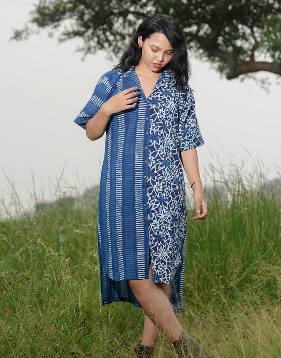 Indigo Handblock Loose Fit Shirt Dress