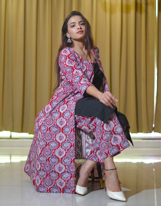 Red Ajrakh Print long Shrug with Inner & Pants Dress