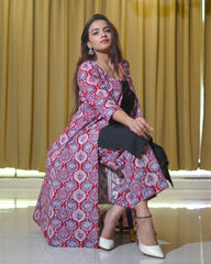 Red Ajrakh Print long Shrug with Inner & Pants Dress