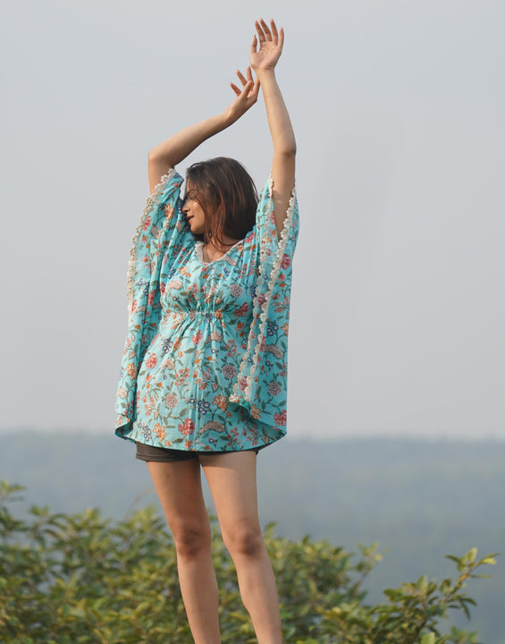 Sky Blue Cotton Kaftan with Lace