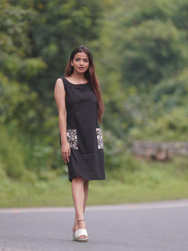 Black Slub Dress with front Pockets