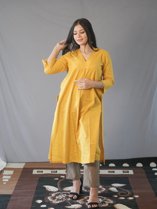 Mustard Yellow Slub Cotton Kurta Bottom Set