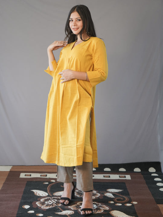 Mustard Yellow Slub Cotton Kurta Bottom Set