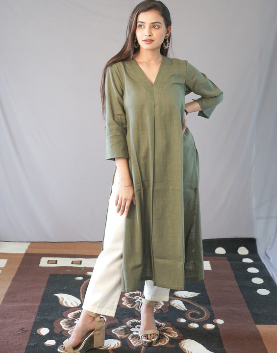 Moss Green Slub Kurta Bottom Set