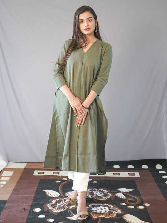 Moss Green Slub Kurta Bottom Set