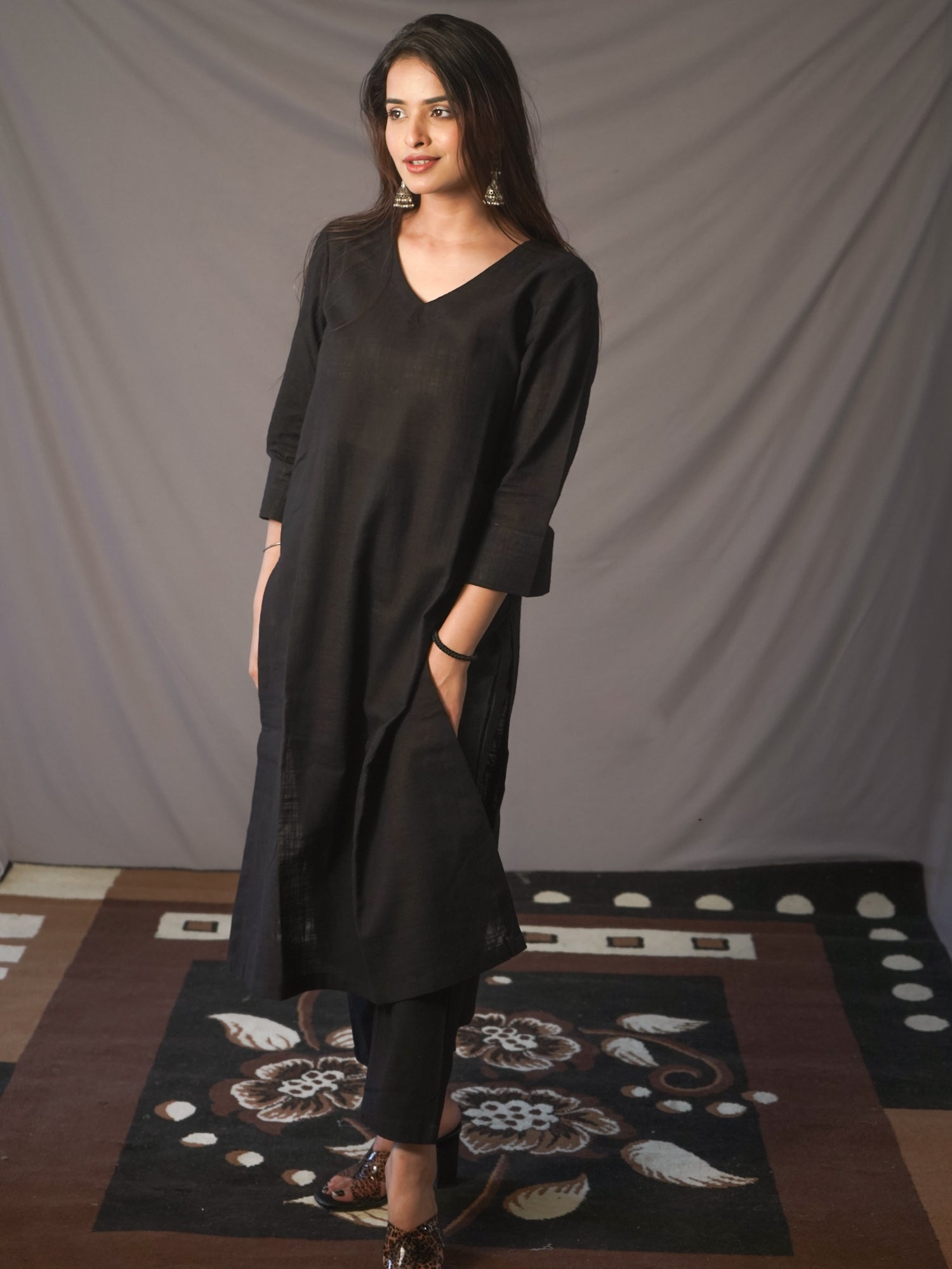 Black Slub Cotton Kurta Bottom set