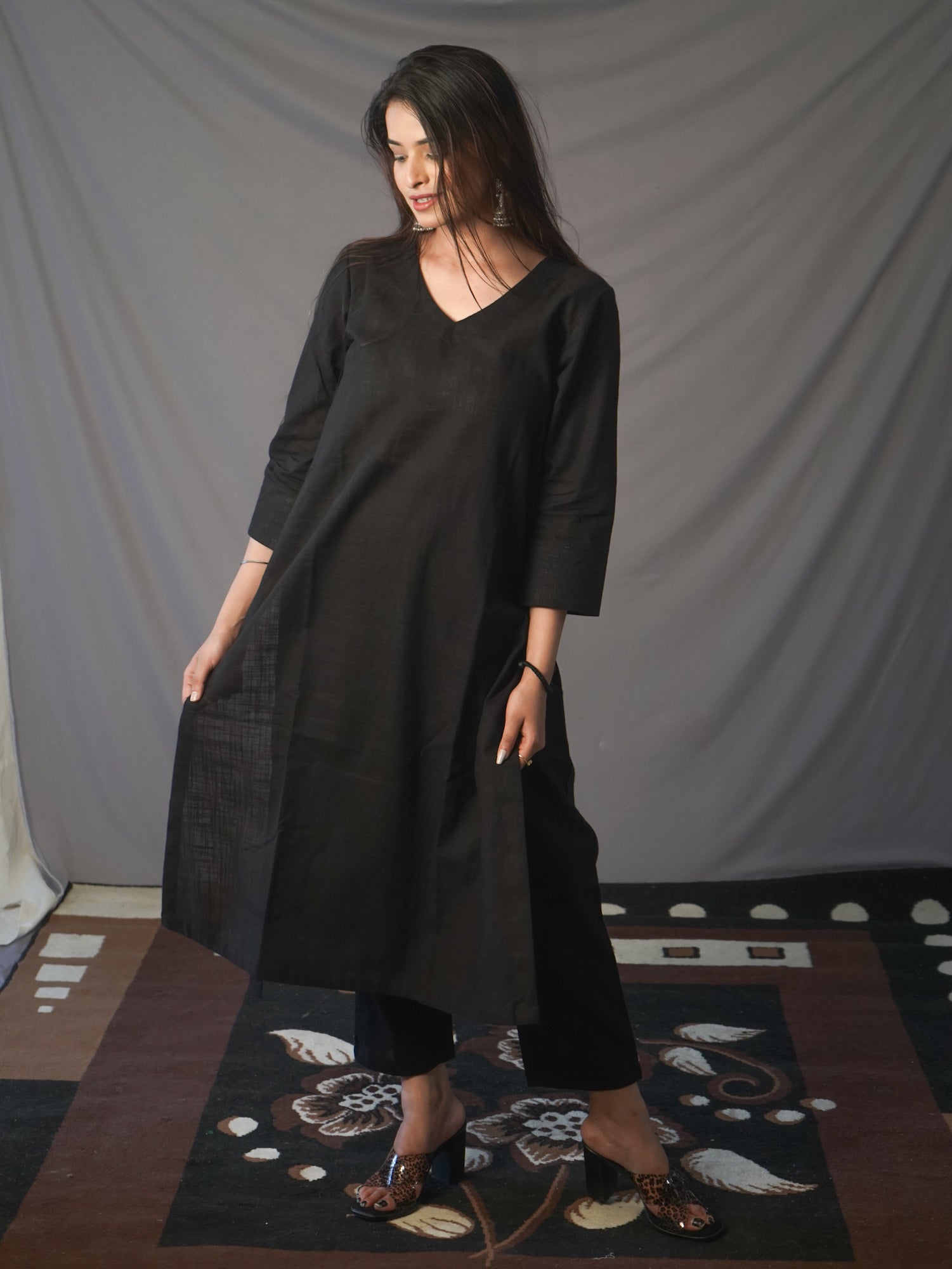 Black Slub Cotton Kurta Bottom set