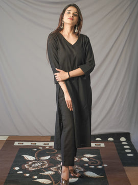 Black Slub Cotton Kurta Bottom set