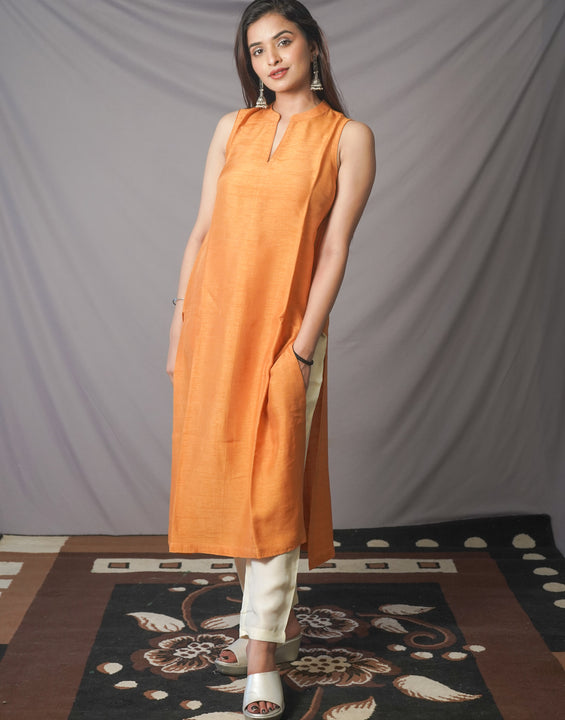 Silk- Sleeveless Kurta Bottom Set