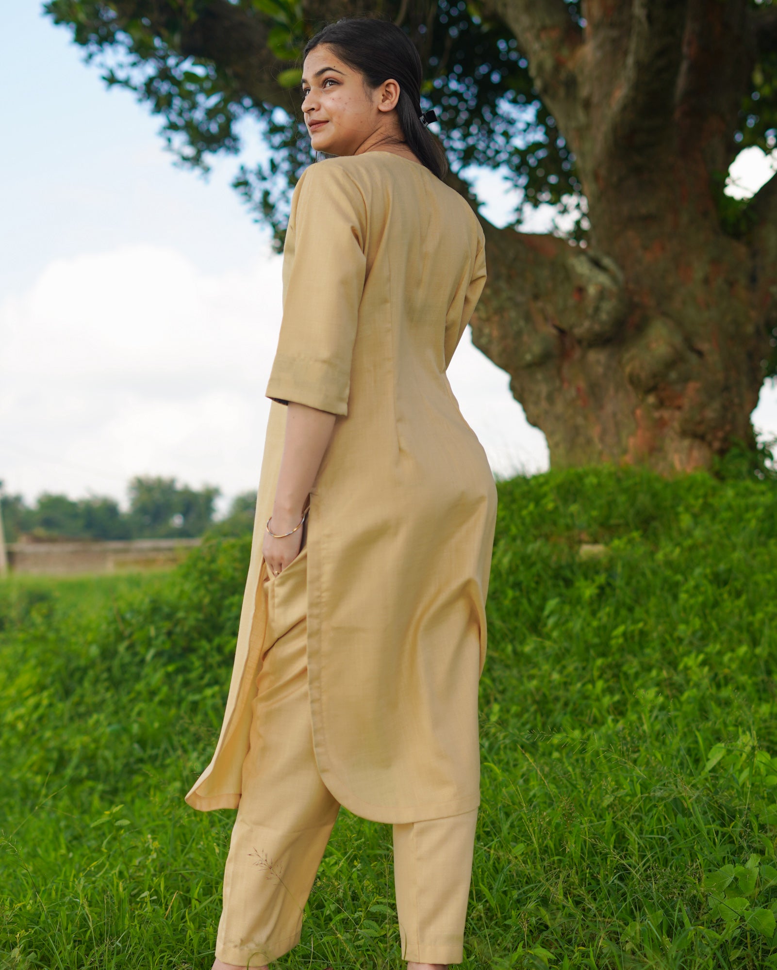 Beige Cotton Linen Kurta Bottom Set