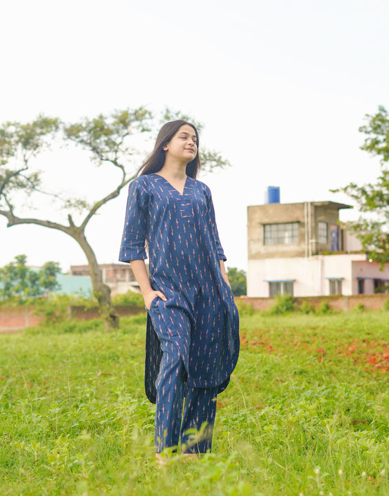 Handwoven Blue Ikat Kurta Bottom Set