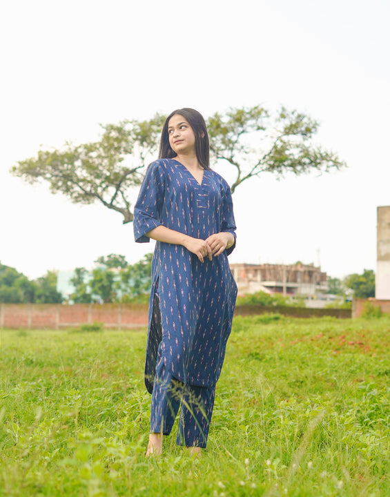 Handwoven Blue Ikat Kurta Bottom Set