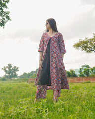 Red Ajrakh Print long Shrug with Inner & Pants Dress