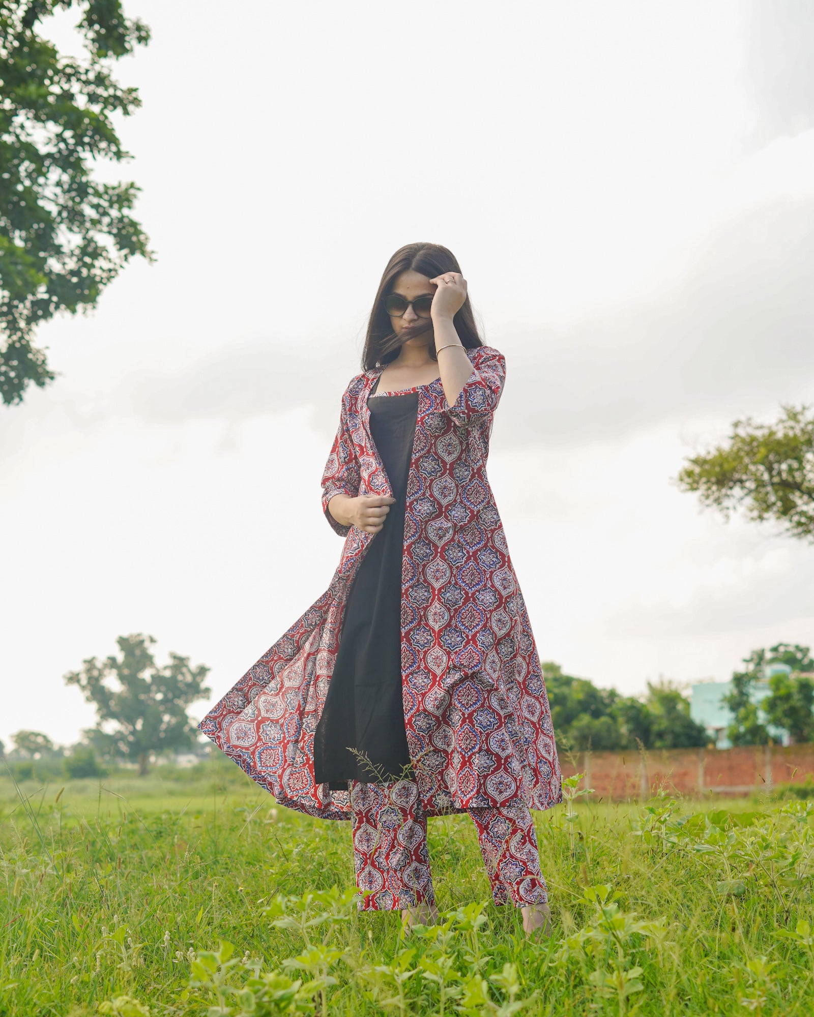 Red Ajrakh Print long Shrug with Inner & Pants Dress