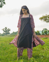 Red Ajrakh Print long Shrug with Inner & Pants Dress