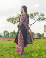 Red Ajrakh Print long Shrug with Inner & Pants Dress