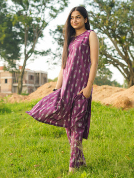 Purple Sleeveless Ikat Kurta Bottom Set