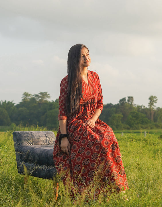 Red Gamti Handblock Cotton Dress