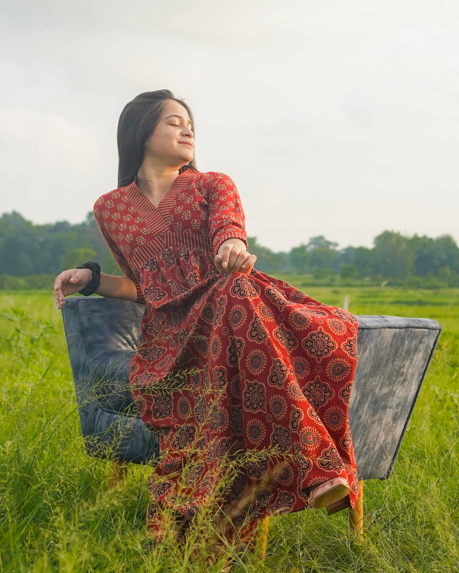 Red Gamti Handblock Cotton Dress