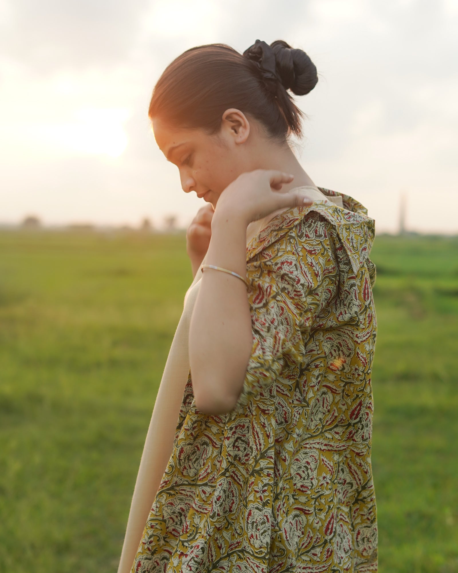 Mustard Handblock Shrug with Inner